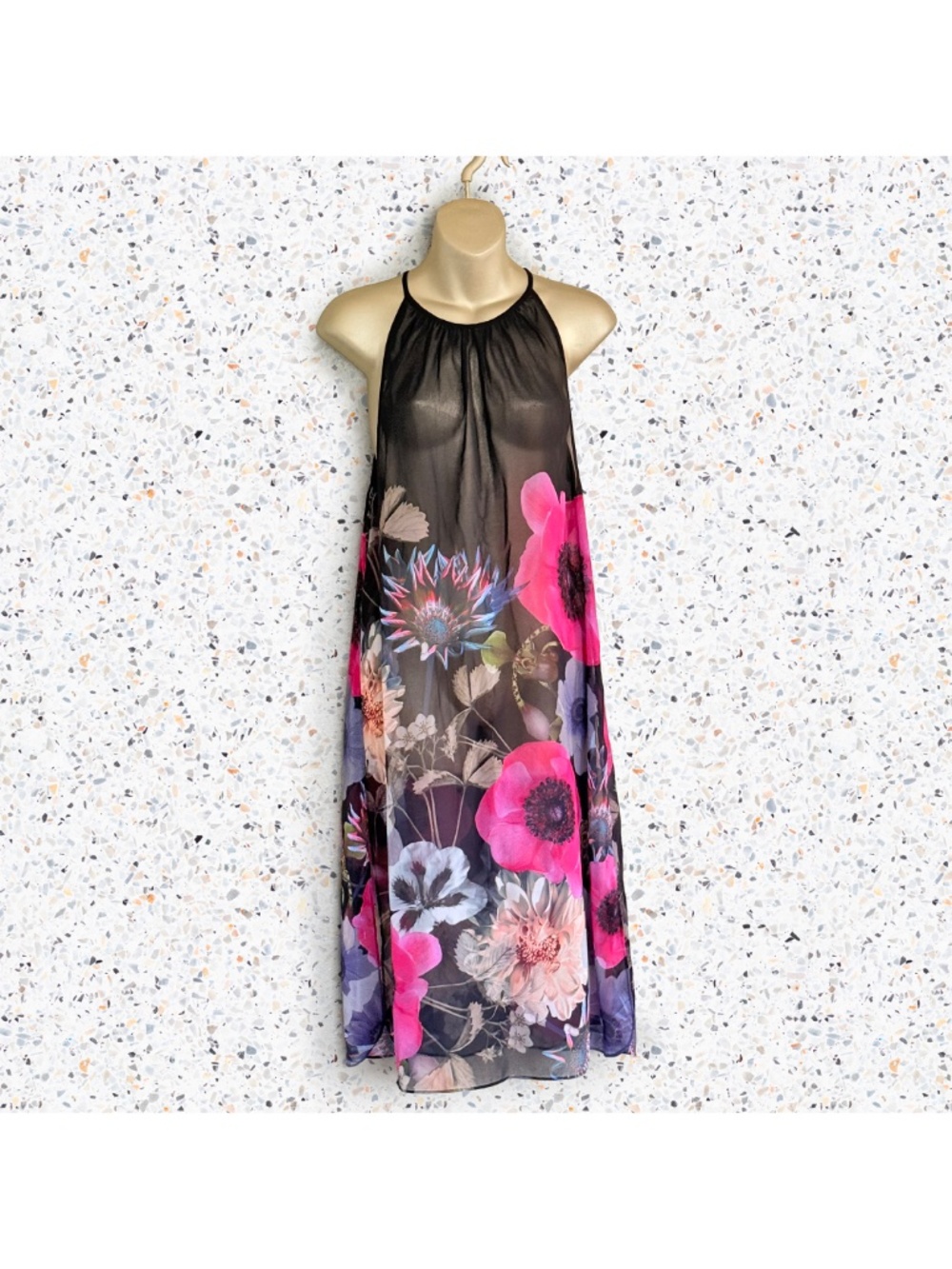 Ted Baker Sheer Chiffon Halter Neshoa Floral Beach Swimsuit Cover Up Dress Sz S